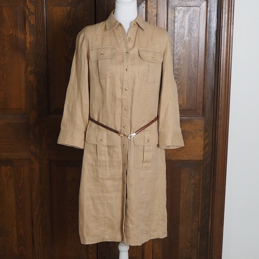 Lauren Ralph Lauren Safari Style Shirt Dress 100% Linen Women's Sz 6 Belted